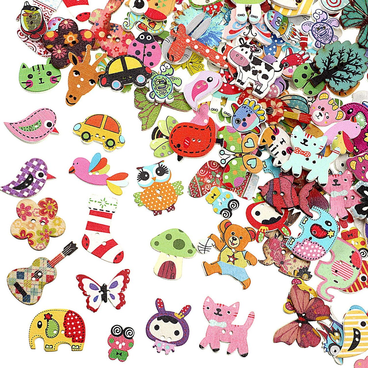200 Pieces Animal Buttons for Crafts Cartoon Wooden Buttons Bulk Assorted Design Cute 2 Holes Mixed Animal Wood Button for Sewing Crafts DIY Works Decoration and More, 0.6-1.2 inches